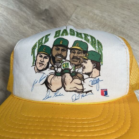 VTG 80s Oakland Athletics Bash Brothers Snapback Hat MLB Yellow Trucker Cap‎ - Picture 8 of 9